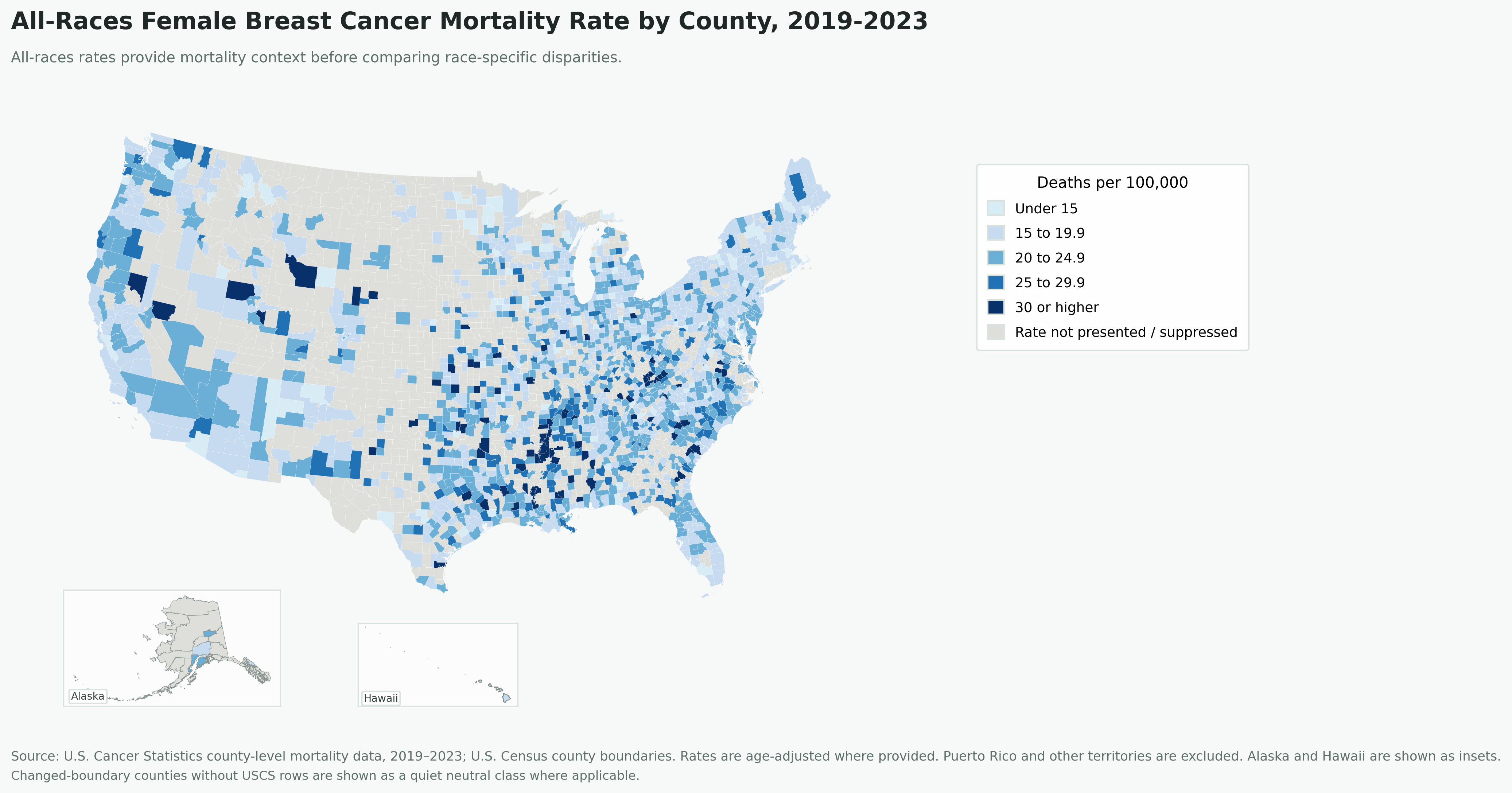 County-level map of all-races female breast cancer mortality rates in the United States for 2019 to 2023, with Alaska and Hawaii shown as insets.