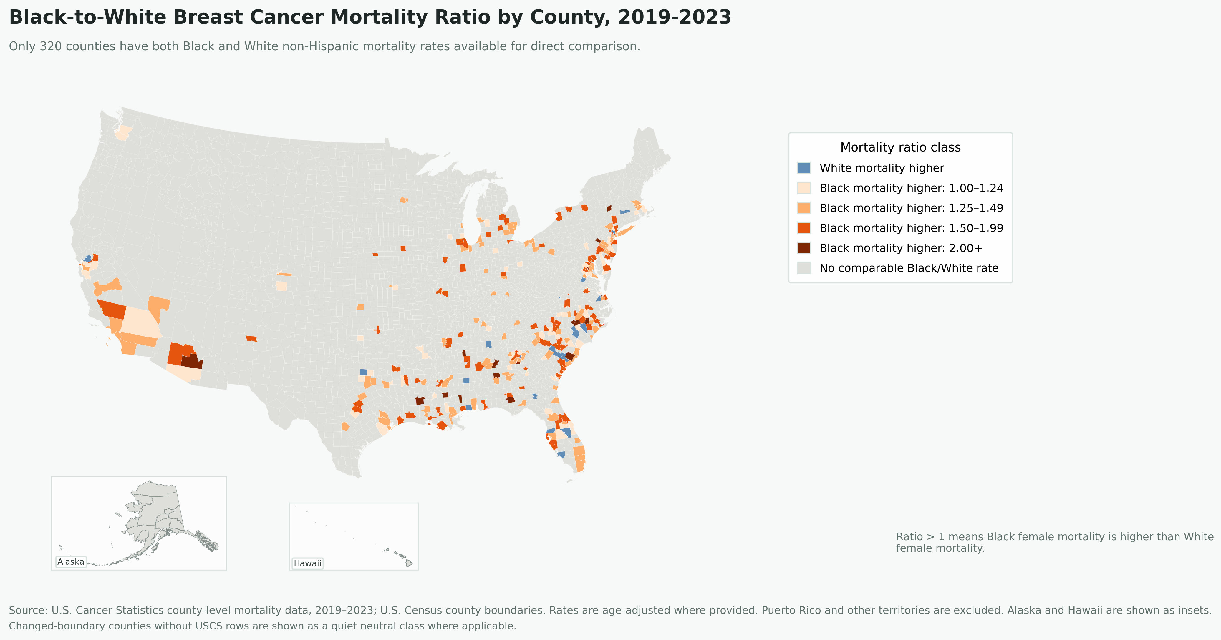 County-level map of the Black-to-White female breast cancer mortality ratio for counties with comparable Black and White non-Hispanic mortality rates.