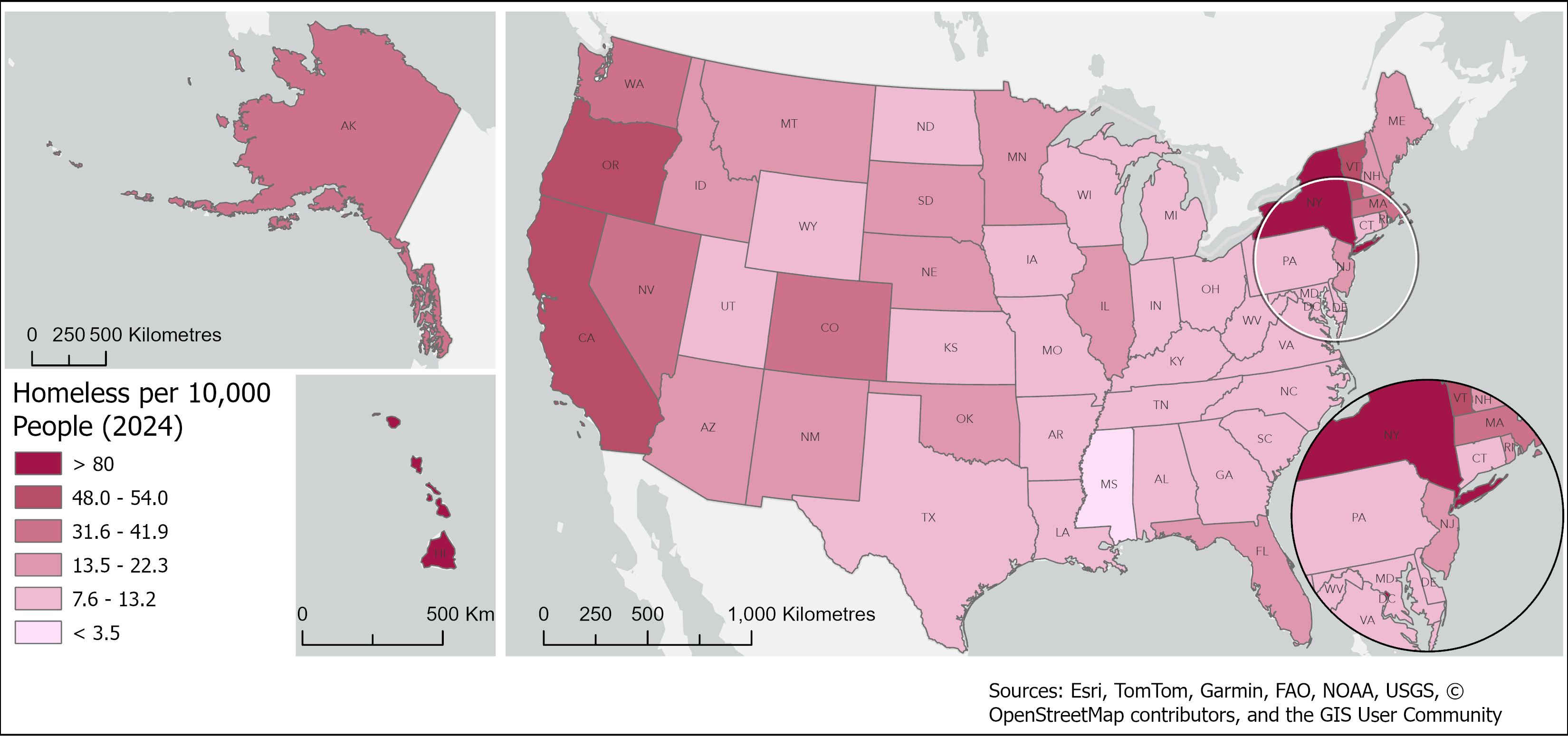 Map showing homelessness rate per 10,000 people by U.S. state in 2024, with higher rates concentrated in places such as New York, Vermont, Hawaii, California, Oregon, and Alaska.