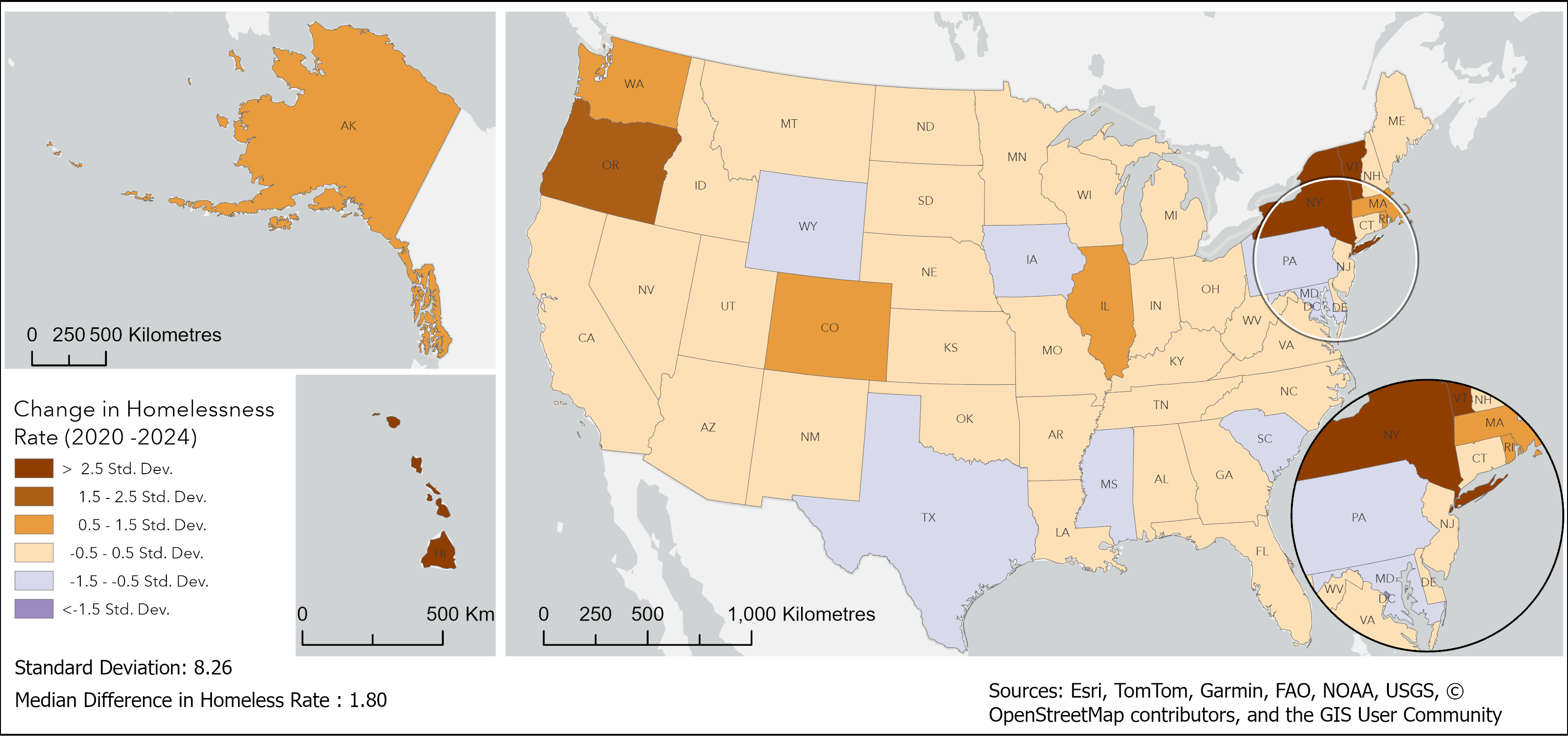 Map showing change in homelessness rate by U.S. state using standard deviation classes, highlighting which states increased or decreased more strongly relative to the national pattern.