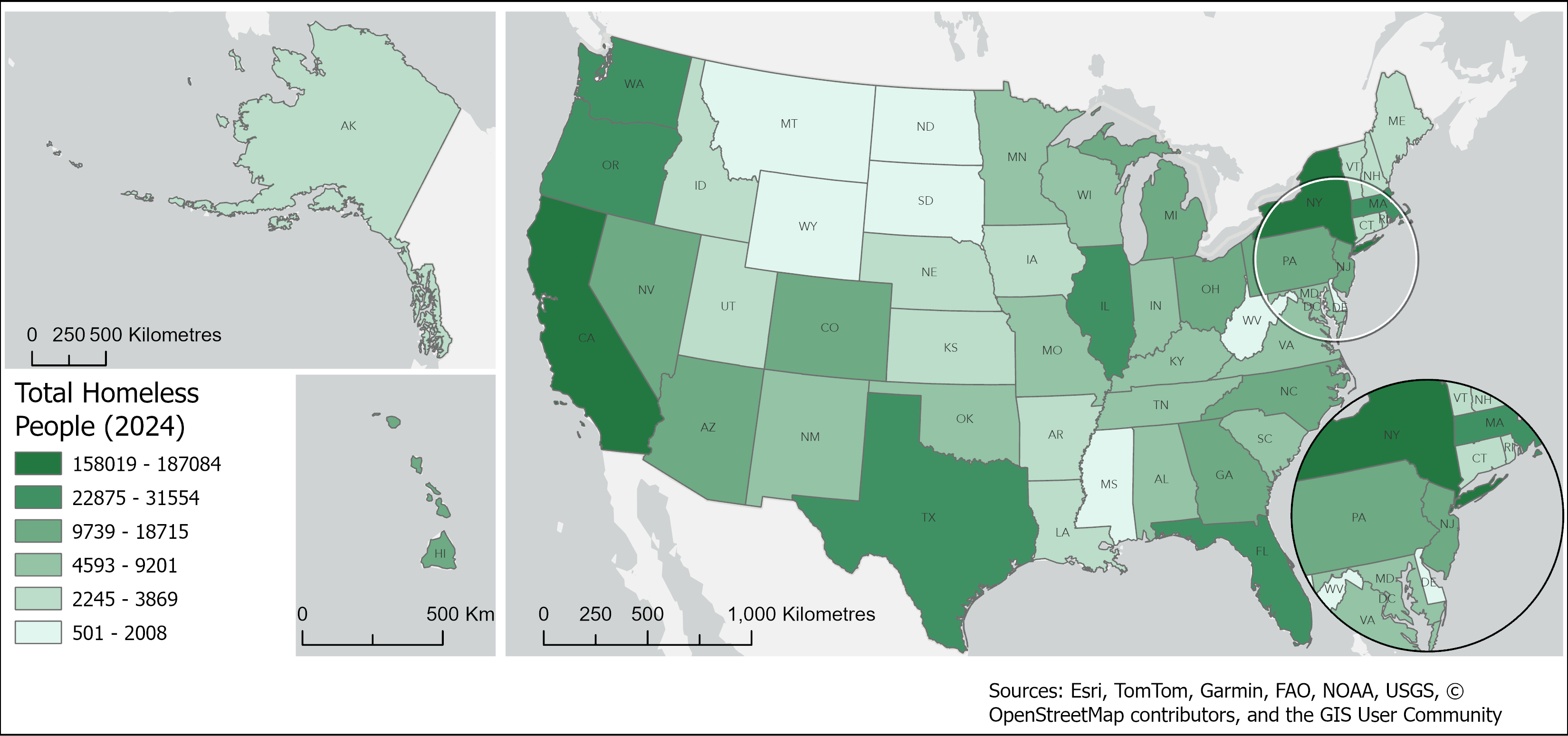 Map showing total homeless people by U.S. state in 2024, with the highest totals visible in states such as California, New York, Texas, Florida, and Washington.