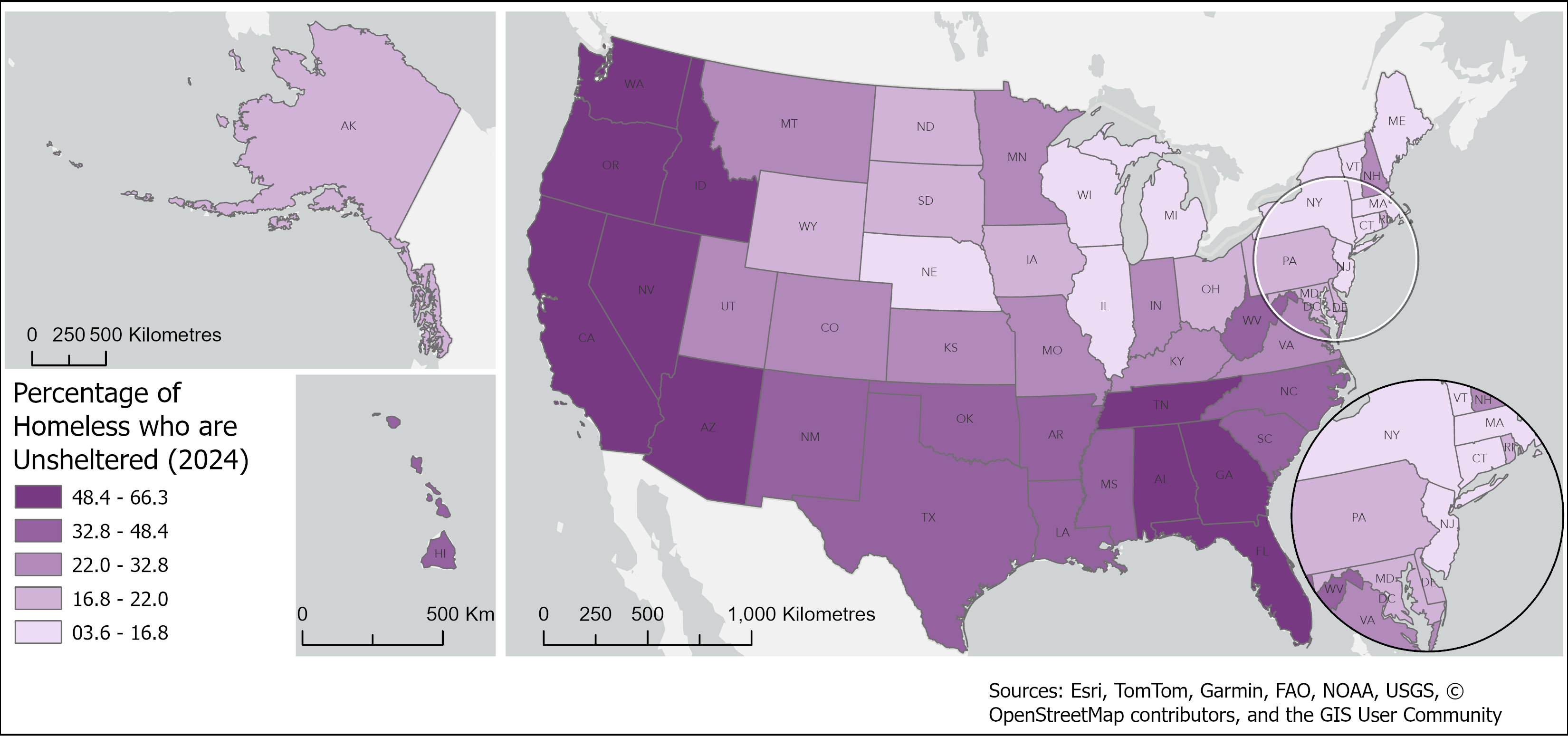 Choropleth map showing the percentage of homeless people who are unsheltered by U.S. state in 2024, with higher unsheltered shares visible in many western and southern states.