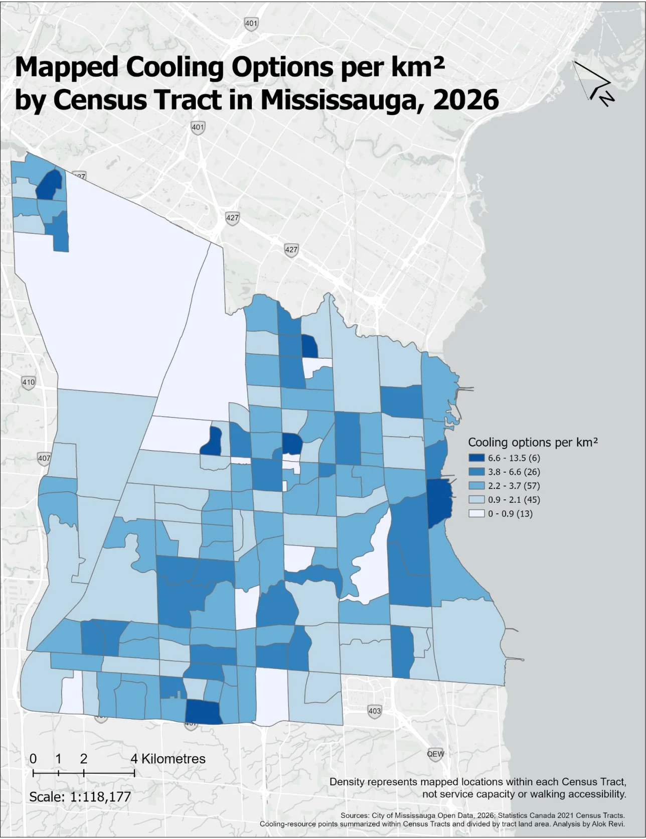 Map of mapped cooling options per square kilometre by Mississauga Census Tract.