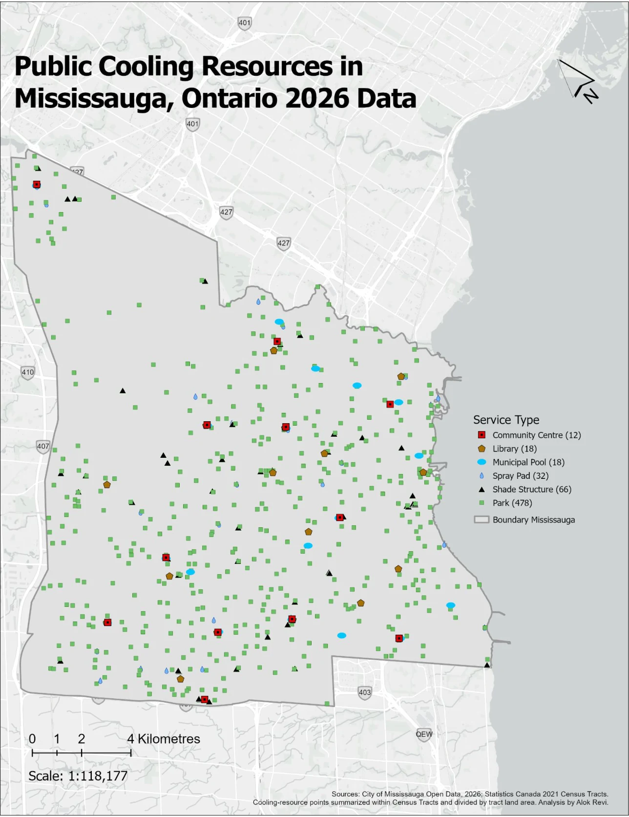 Map of mapped public cooling-resource locations in Mississauga, including parks, shade structures, spray pads, municipal pools, libraries, and community centres.