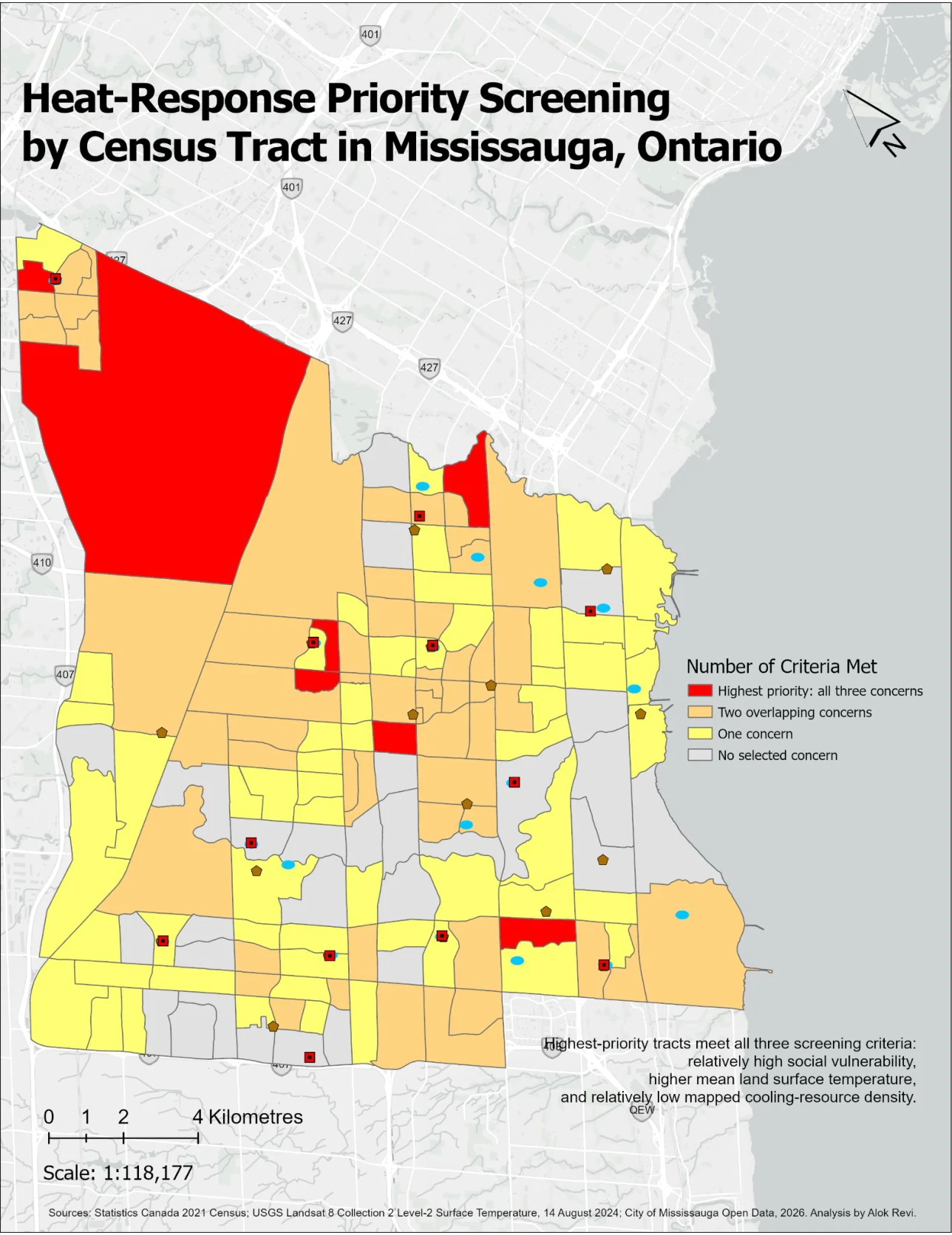 Final heat-response priority screening map for Mississauga Census Tracts, with red tracts showing all three selected concerns.