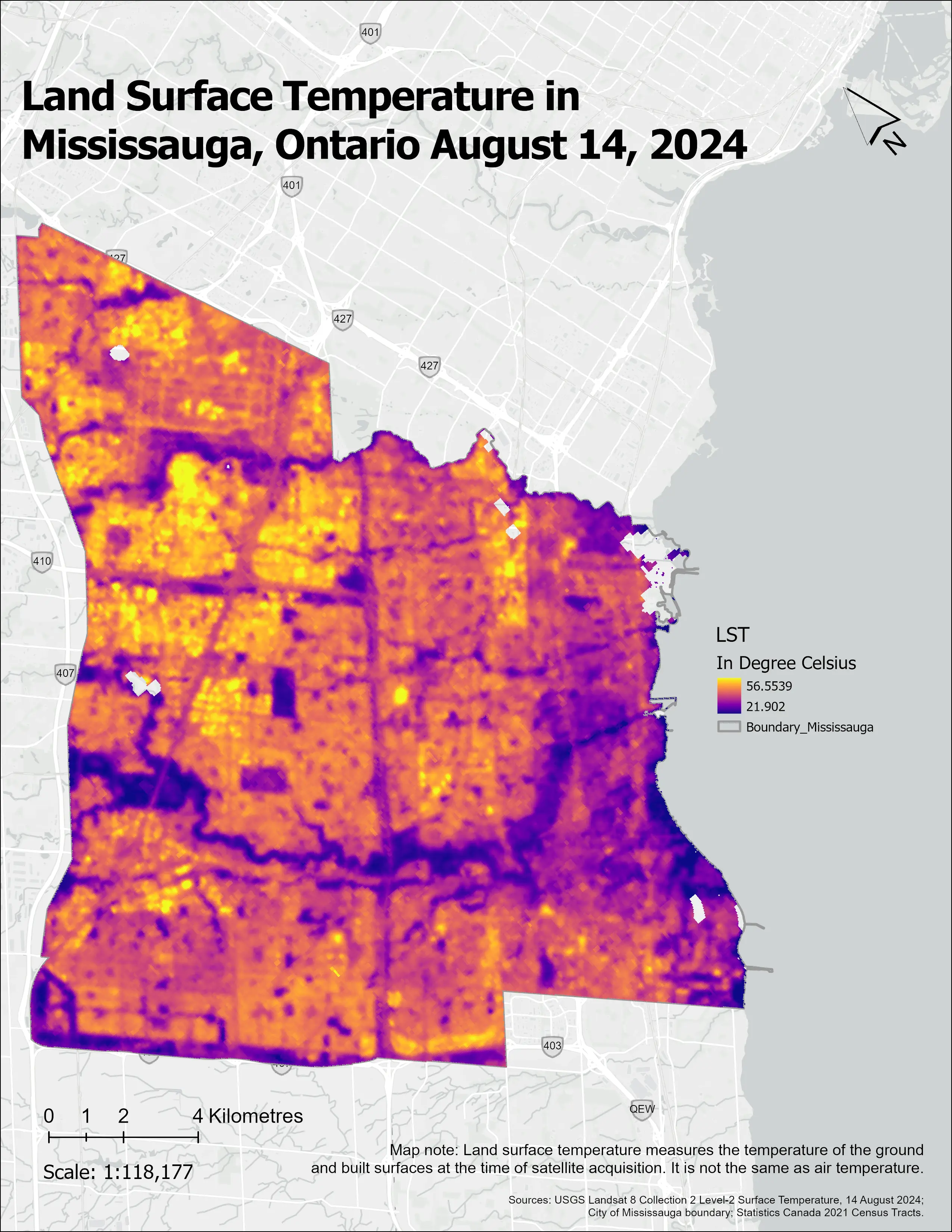 Landsat-derived land-surface temperature raster clipped to Mississauga on August 14, 2024.