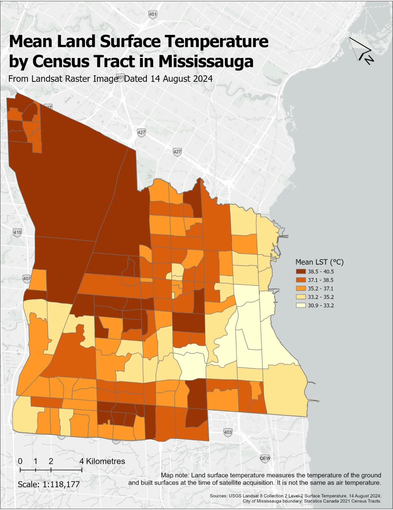 Map of mean land-surface temperature by Mississauga Census Tract using zonal statistics.